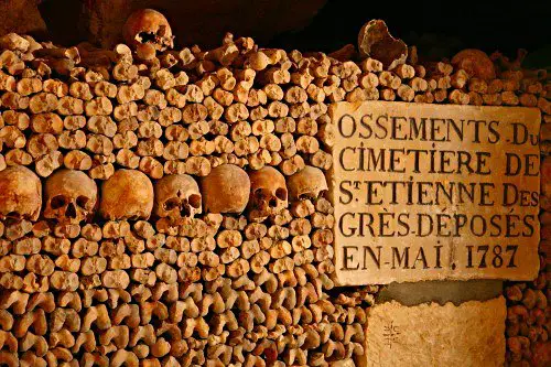 Skulls and bones in the Haunted Catacombs of Paris